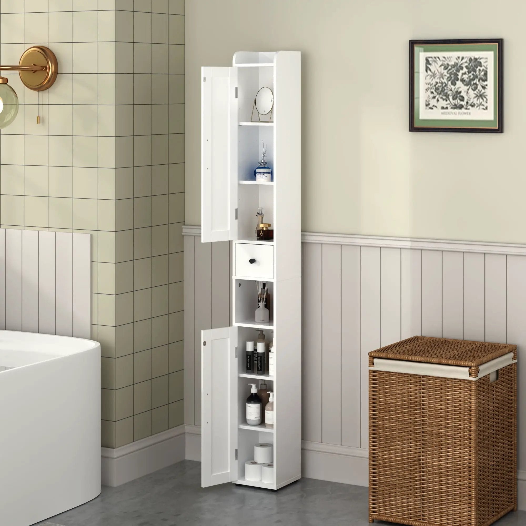 Slim Tall Bathroom Storage Cabinet With Adjustable Shelves, 2 Doors Freestanding Cabinet - White by HouseOfZazla