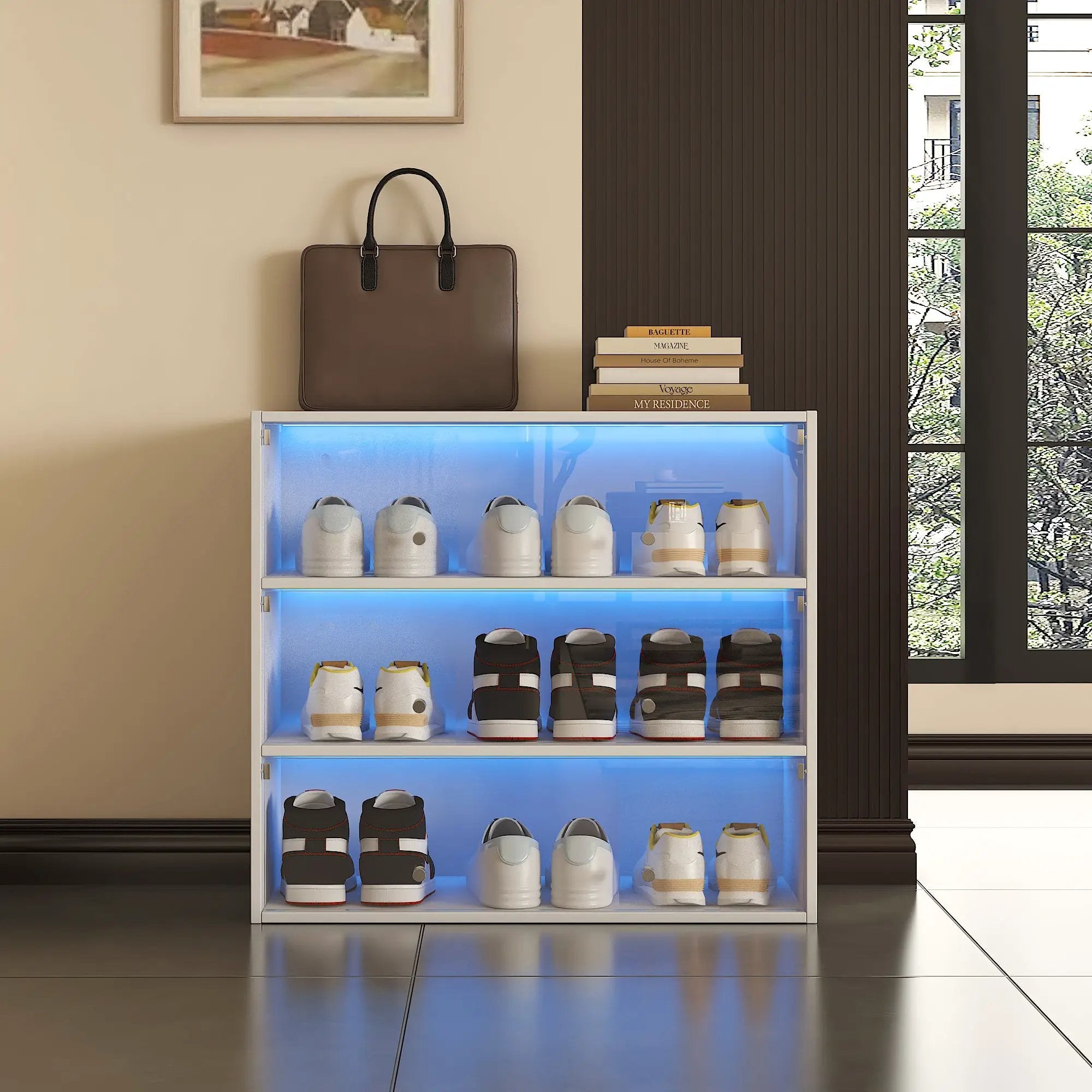White Glass Door Shoe Storage Cabinet with RGB LED Light by HouseOfZazla