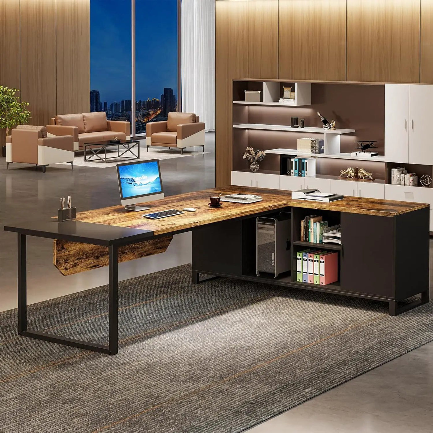 L-Shaped Executive Desk With File Cabinet, Computer Workstation With Storage by HouseOfZazla