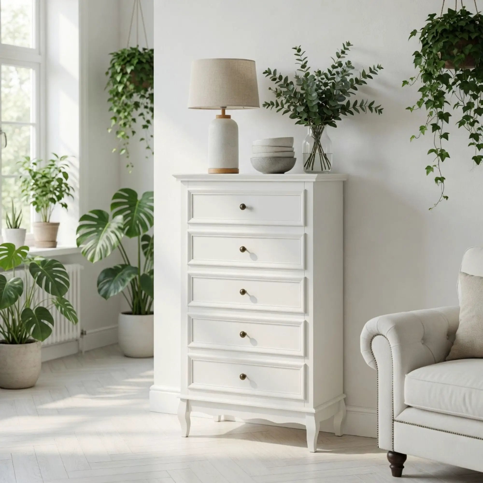 5 Drawer Tall Wide Chest Of Drawers - White by HouseOfZazla