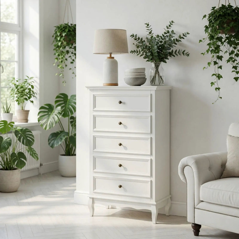 5 Drawer Tall Wide Chest Of Drawers - White by HouseOfZazla
