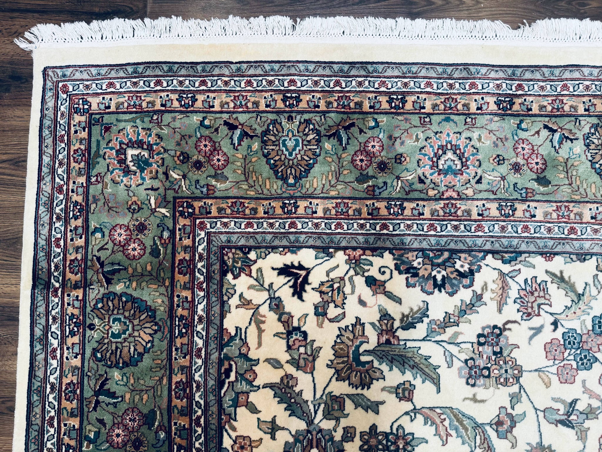 Indo Persian Rug 9x12, Allover Floral Pattern, Ivory & Green, Traditional Oriental Carpet by Jewel Rugs
