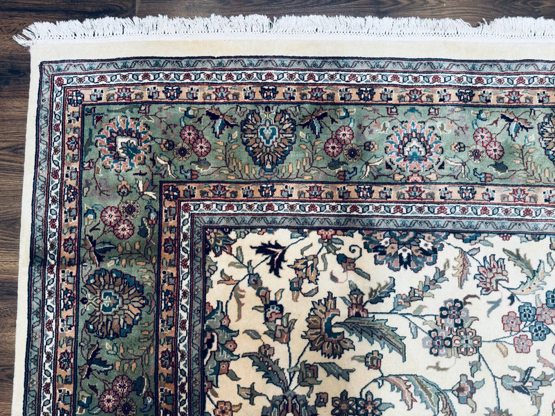Indo Persian Rug 9x12, Allover Floral Pattern, Ivory & Green, Traditional Oriental Carpet by Jewel Rugs