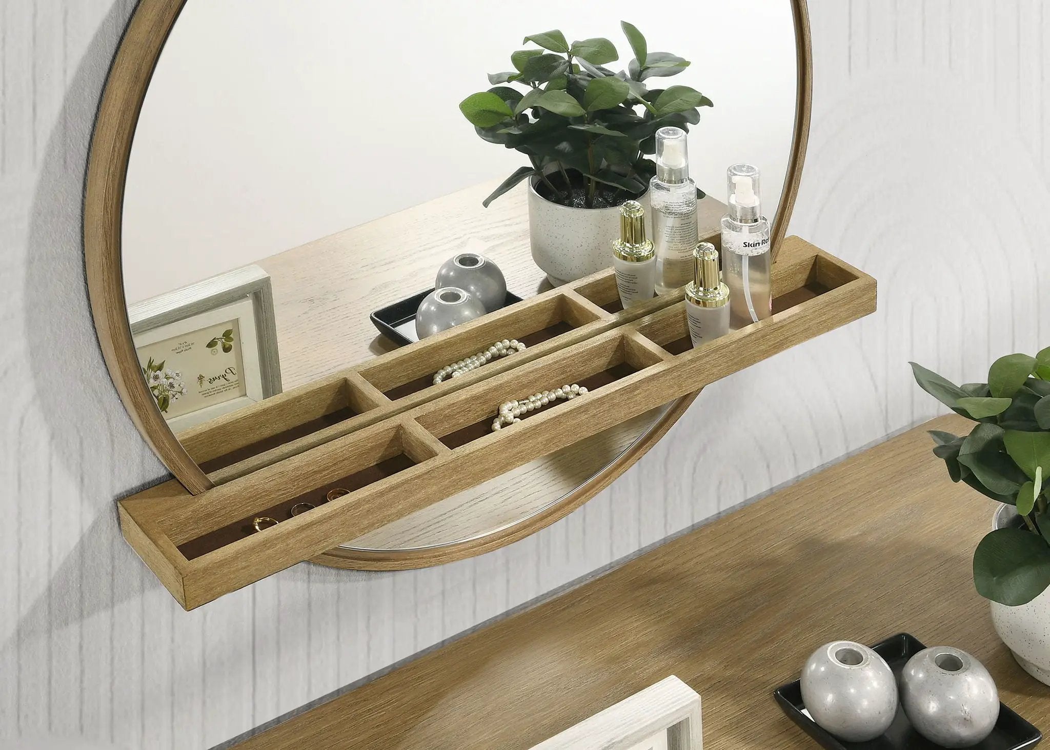 Arini Round Vanity Wall Mirror with Shelf Sand Wash by Unique Piece Furniture