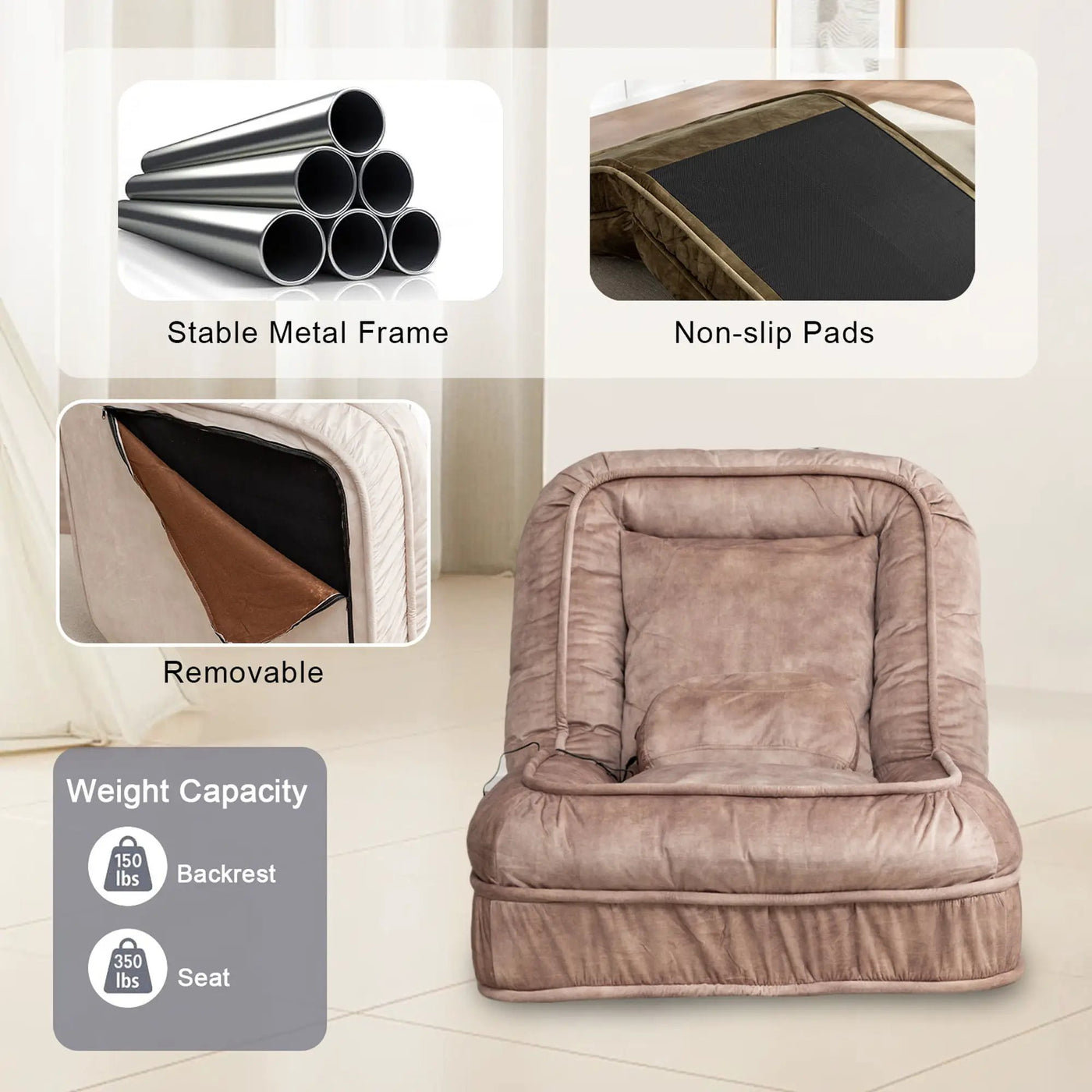 Upholstered Human Dog Bed And Pets, Bean Bag Floor Sofa With Massage Pillow, 5 Adjustable Positions & 2 Soft Pillows by Unique Piece Furniture