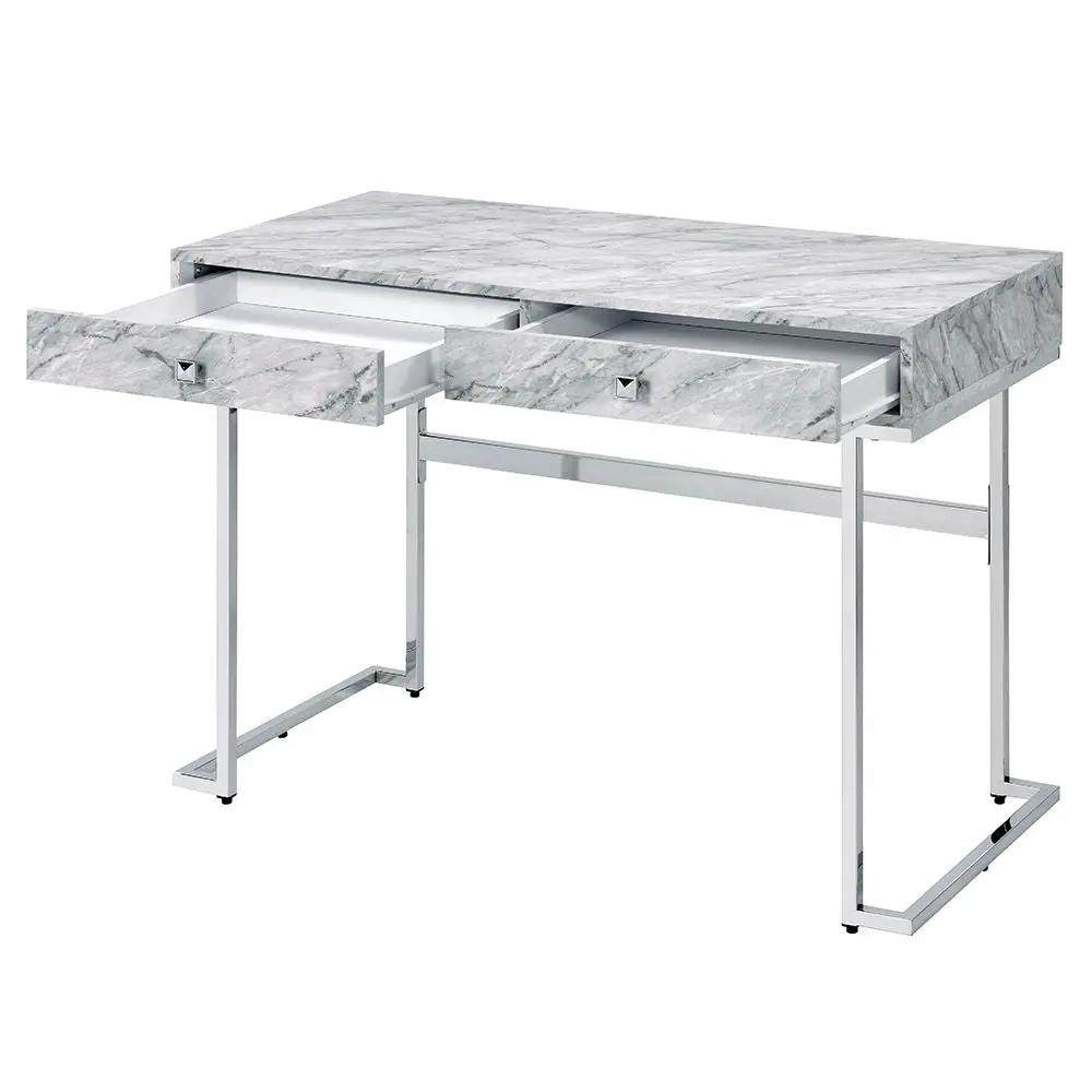 Tigress - Writing Desk - White Printed Faux Marble Top & Chrome by Unique Piece Furniture