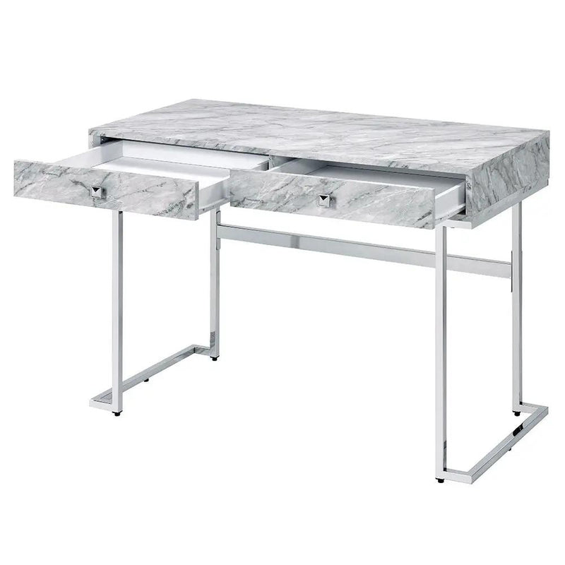 Tigress - Writing Desk - White Printed Faux Marble Top & Chrome by Unique Piece Furniture
