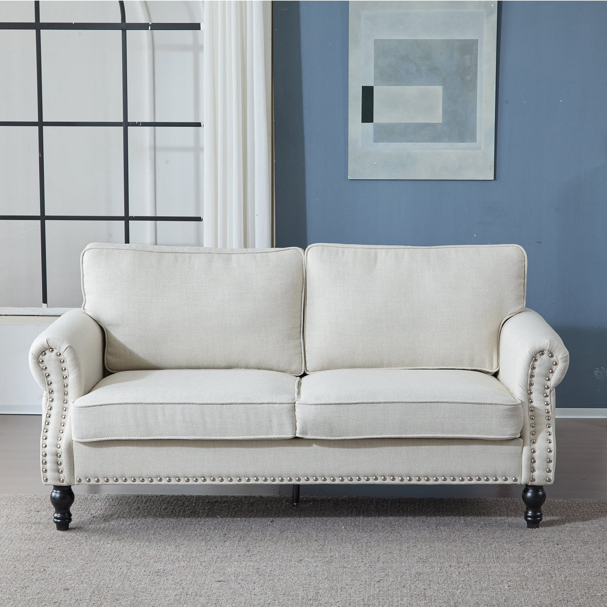 68 Inch Faux Leather Rolled Arm Sofa with Nailhead Trim - Beige, photo 2 of 10