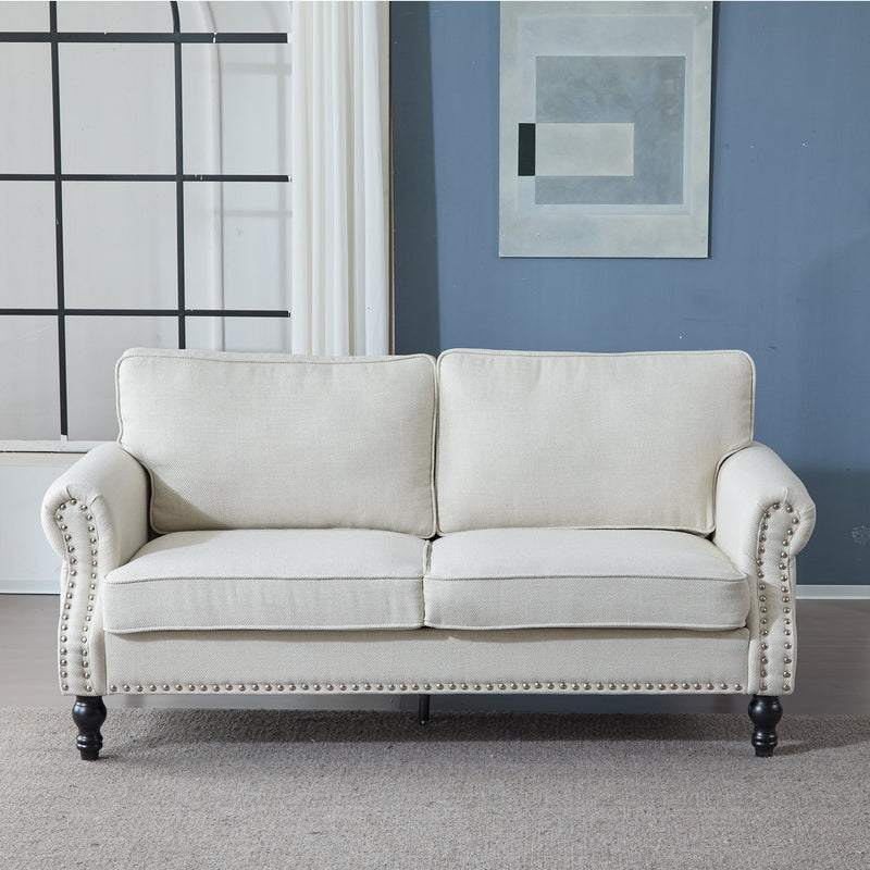 68 Inch Faux Leather Rolled Arm Sofa with Nailhead Trim - Beige, photo 2 of 10