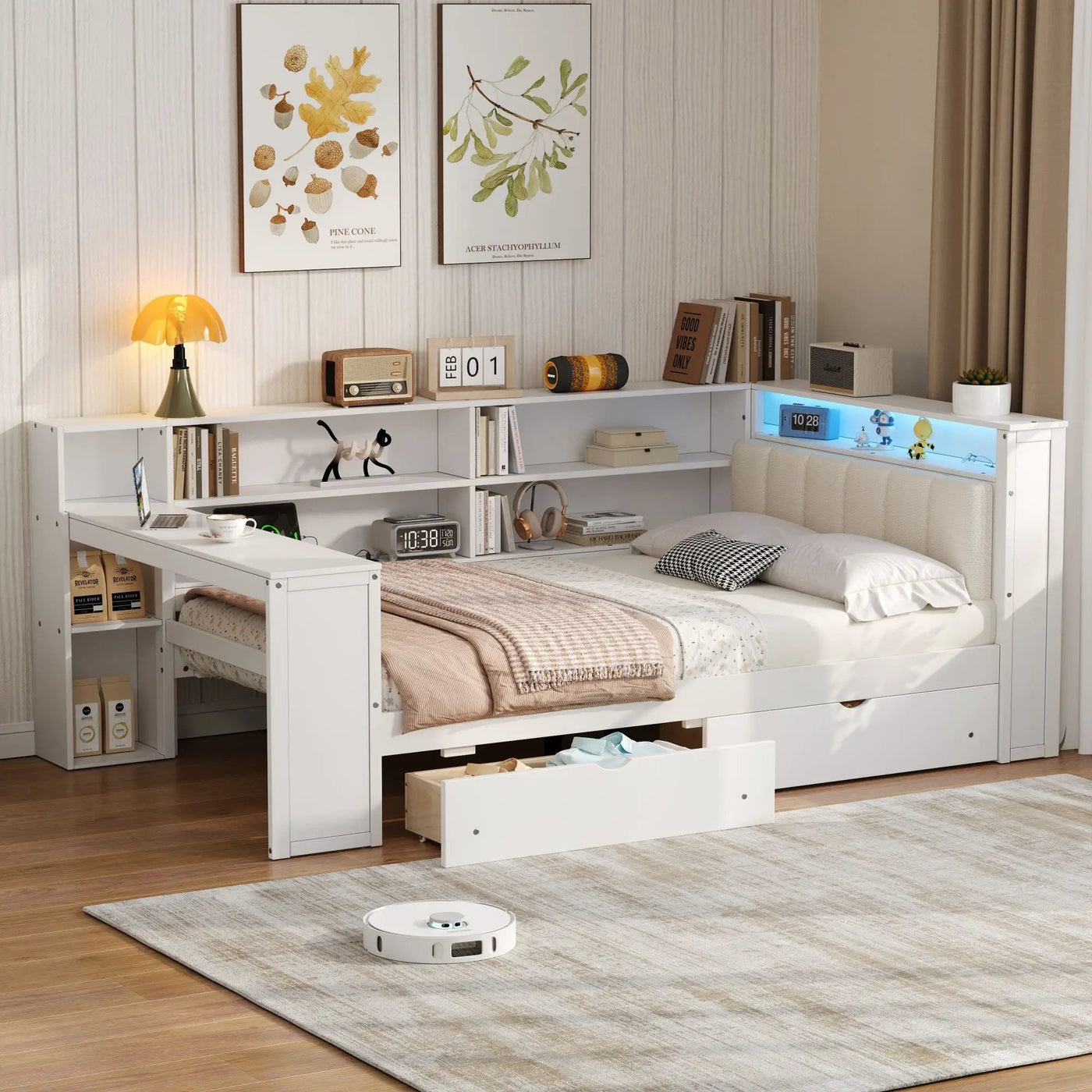 Platform Bed With Storage Shelves, Drawers, Charging Station, LED, Desk by HouseOfZazla
