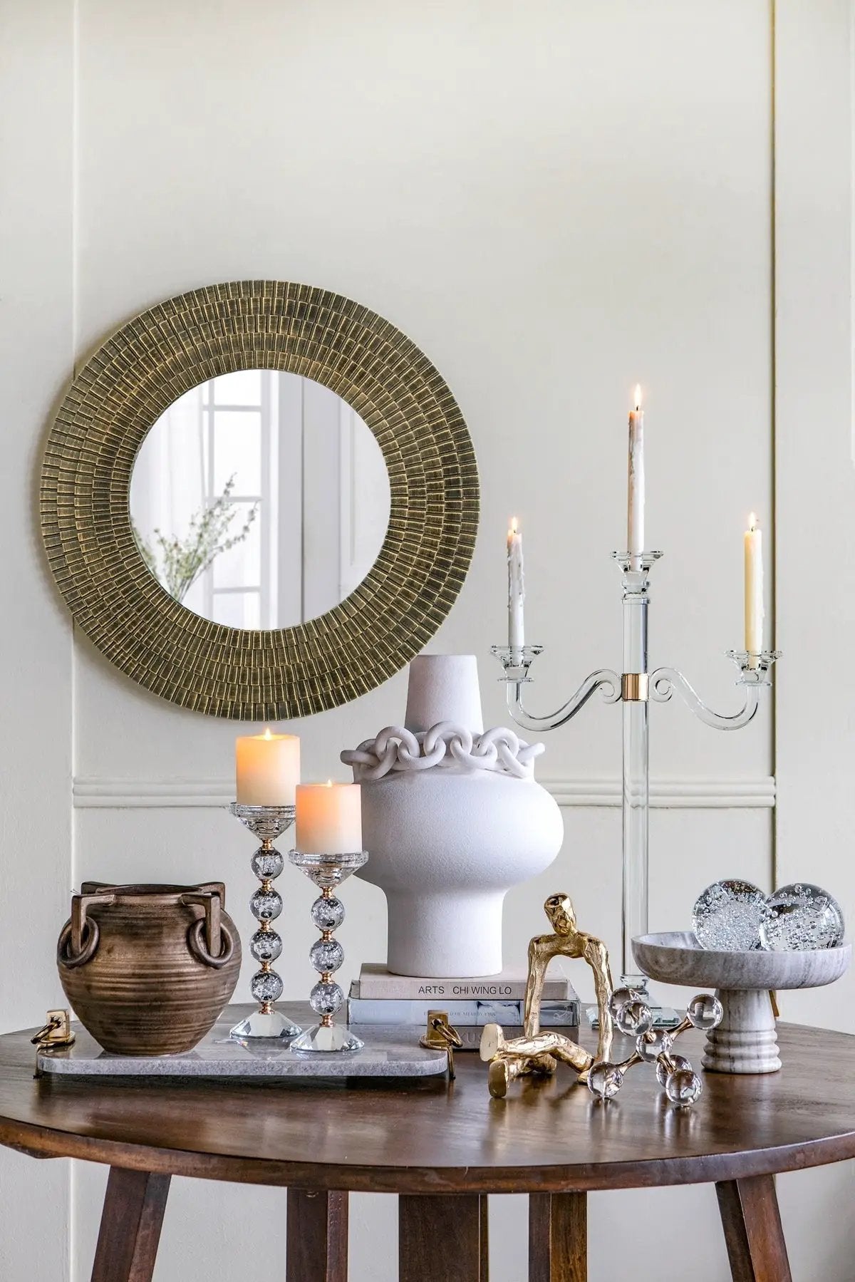 29.5" Round Gold and Black Wooden Accent Mirror with Woven Texture by HouseOfZazla