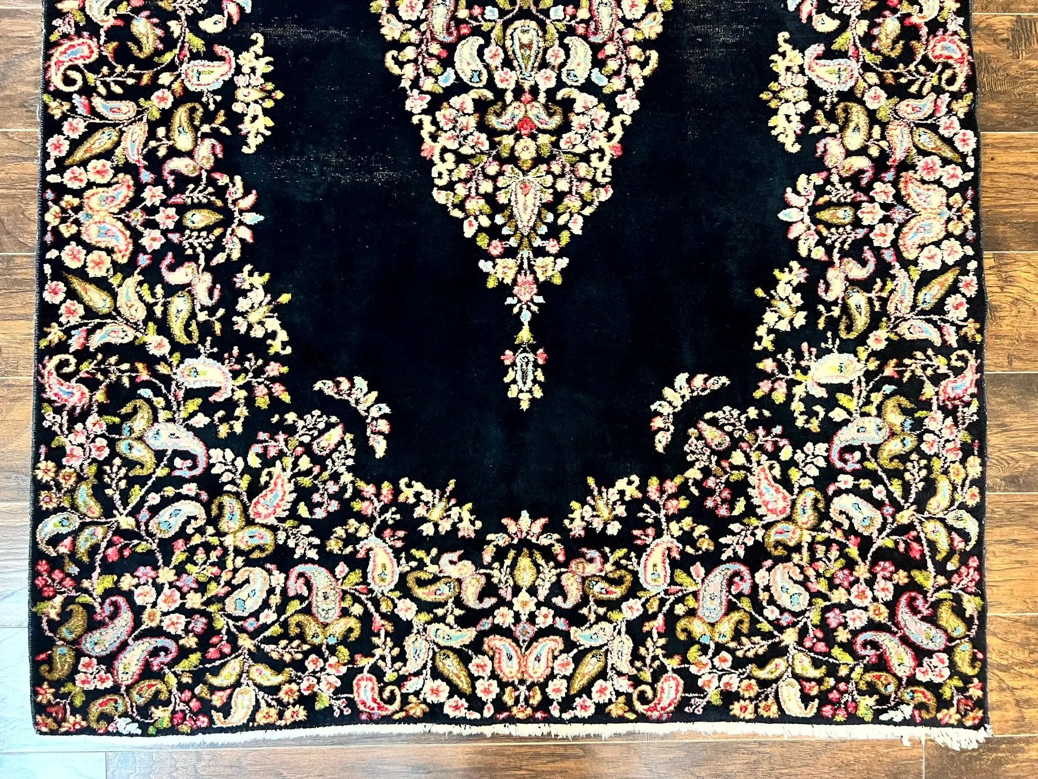 Antique Persian Kirman Rug 5x8, Floral Kirman, Midnight Blue/Black, Semi Open Field, Handmade Vintage Wool Carpet by Jewel Rugs