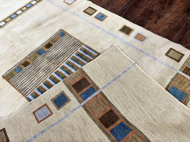Tibetan Rug 5x8, Contemporary Rug 5 x 8 ft, Cream Brown Blue Hand-Knotted Wool w/ Silk Highlights Tibetan Carpet, Modern Rug by Jewel Rugs