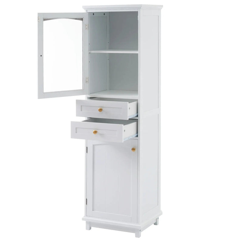 Tall Bathroom Storage Cabinet With Glass Doors, Free-Standing, Two Drawers, And Adjustable Shelves, Board, Painted Perfect For Displaying Your Favorite Items by HouseOfZazla