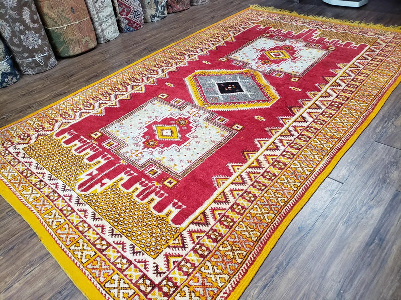 Vintage Moroccan Rug 6x10, Red and Yellow Moroccan Carpet, Handmade Bohemian Tribal Area Rug, Hand-Knotted 1970s Wool Rug, Medalions by Jewel Rugs