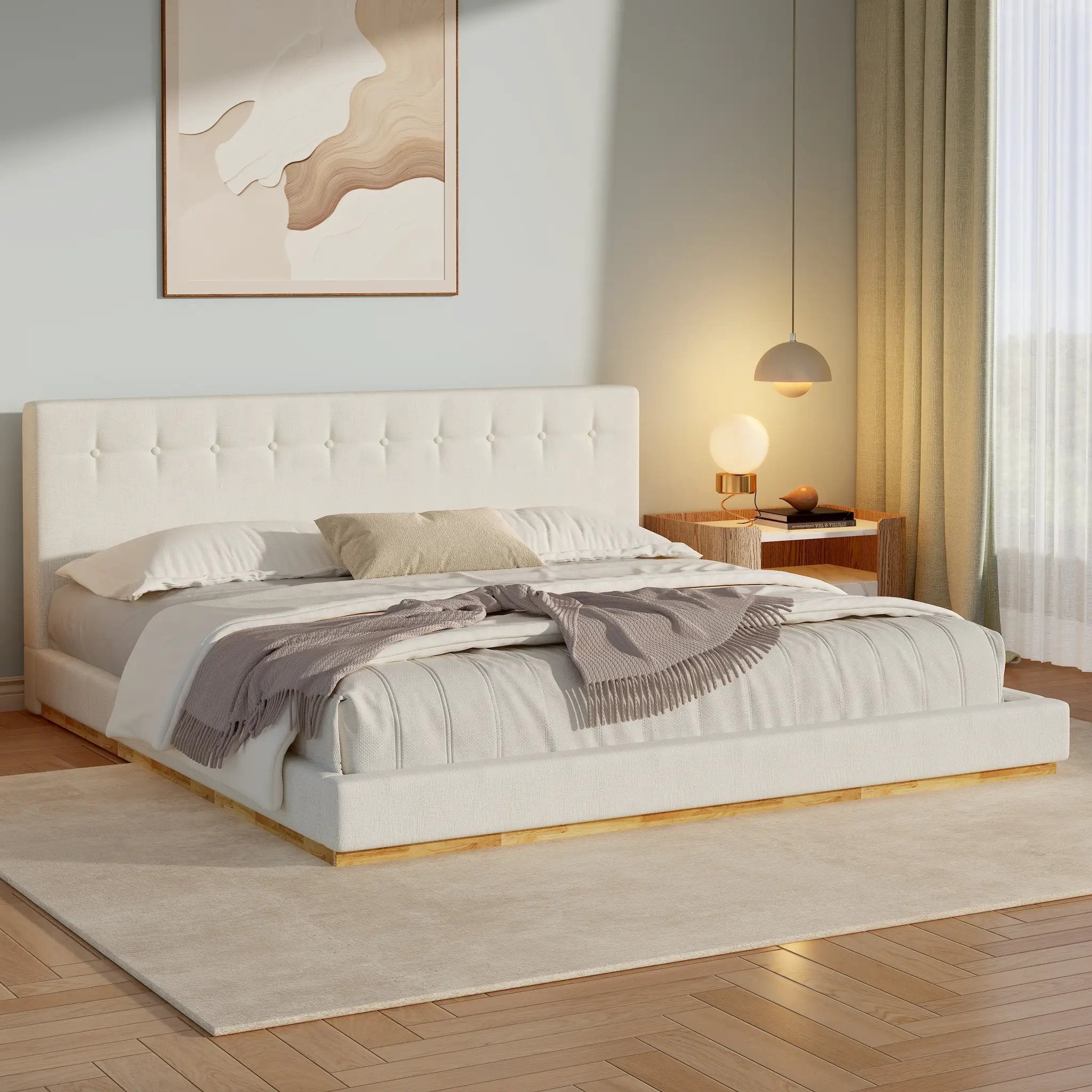 Solid Rubber Wood Platform Bed with Upholstered Headboard by HouseOfZazla