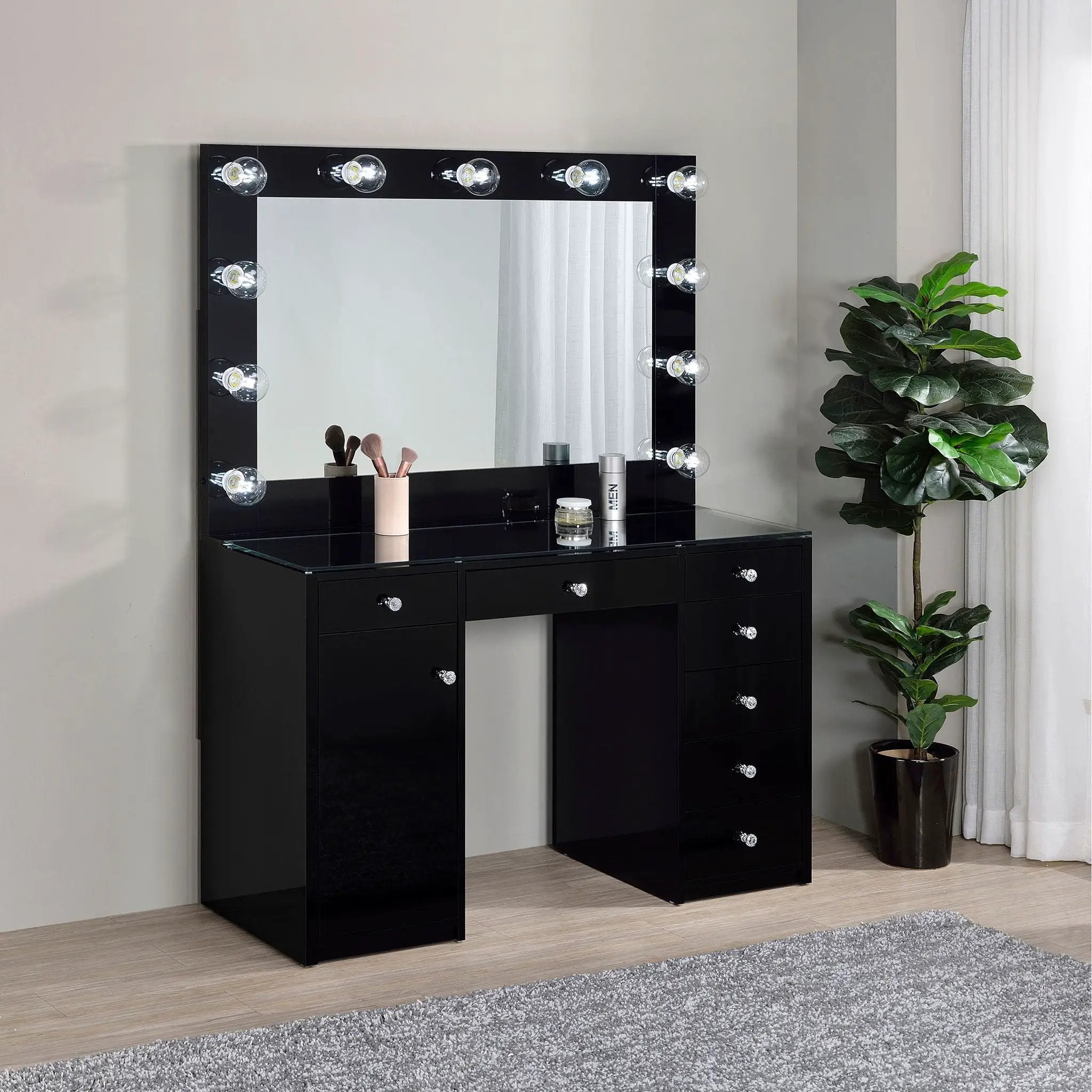 Acena 7-drawer Vanity Set with Lighting Black High Gloss by Unique Piece Furniture