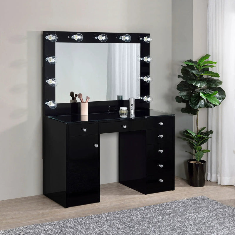 Acena 7-drawer Vanity Set with Lighting Black High Gloss by Unique Piece Furniture