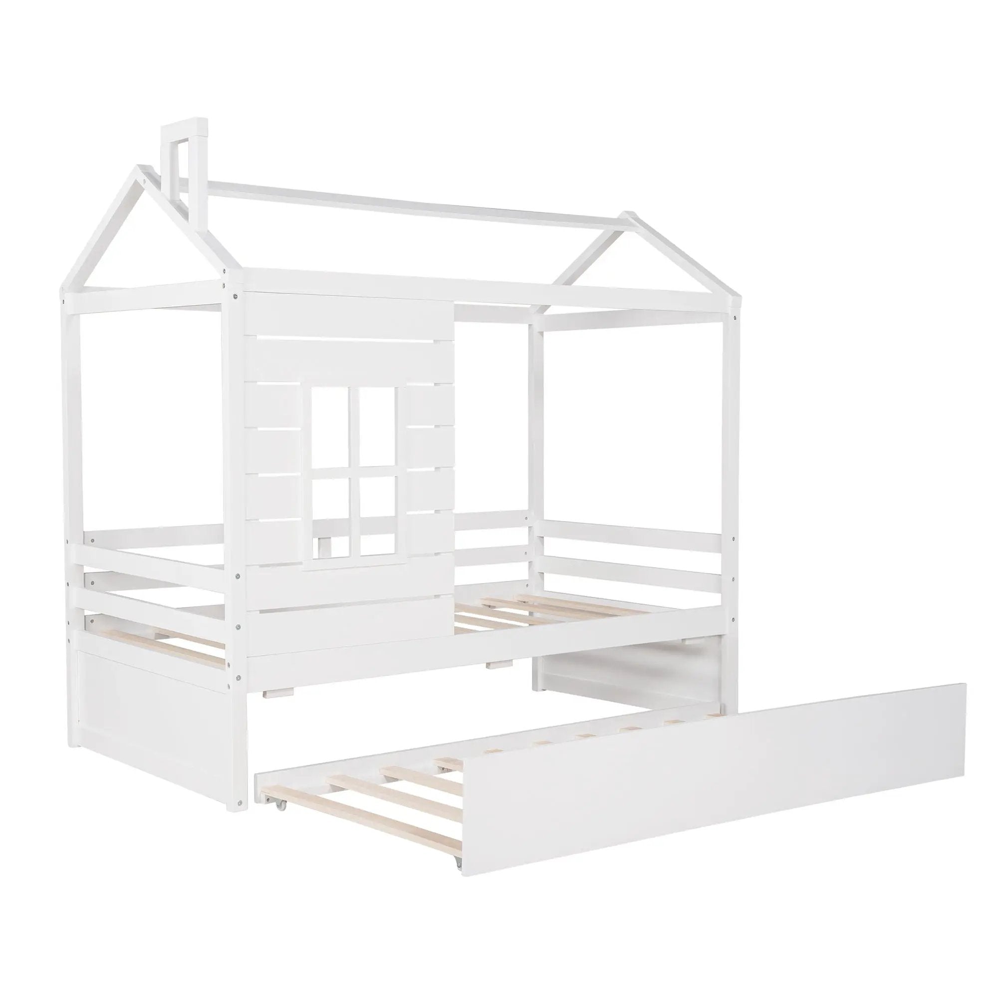 Twin Size Classic House Bed With Twin Size Trundle - White by HouseOfZazla