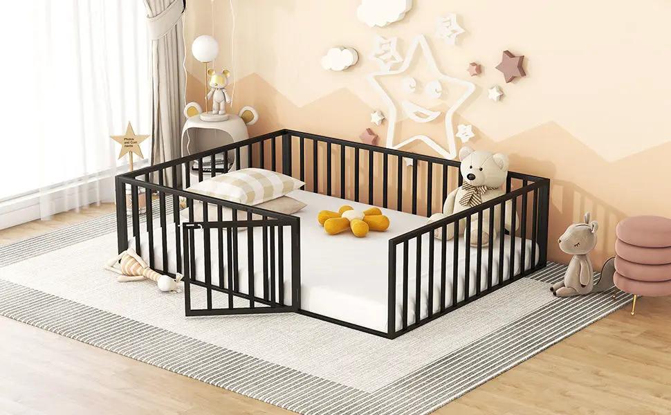 Metal Floor Bed Frame With Fence And Door by HouseOfZazla