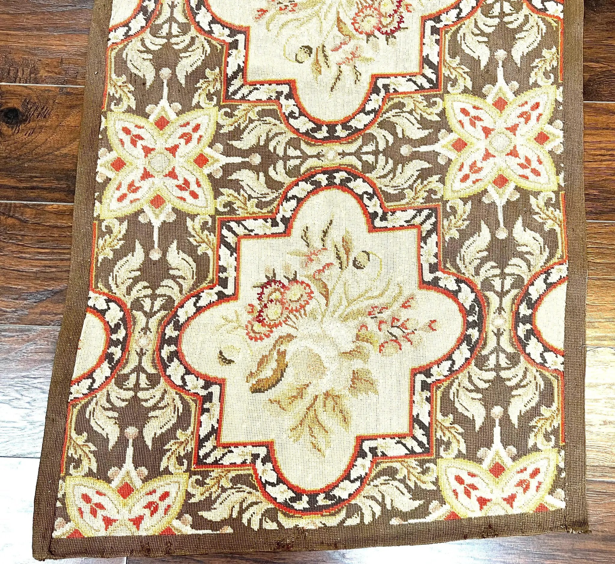 Needlepoint Runner Rug 2.8 x 9.8, Brown and Beige, Handwoven Handmade Floral French European Design, Vintage Flatweave 10ft Wool Runner Rug by Jewel Rugs