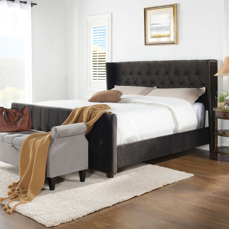 David - King Tufted Wingback Bed - Dark Charcoal Gray by HouseOfZazla