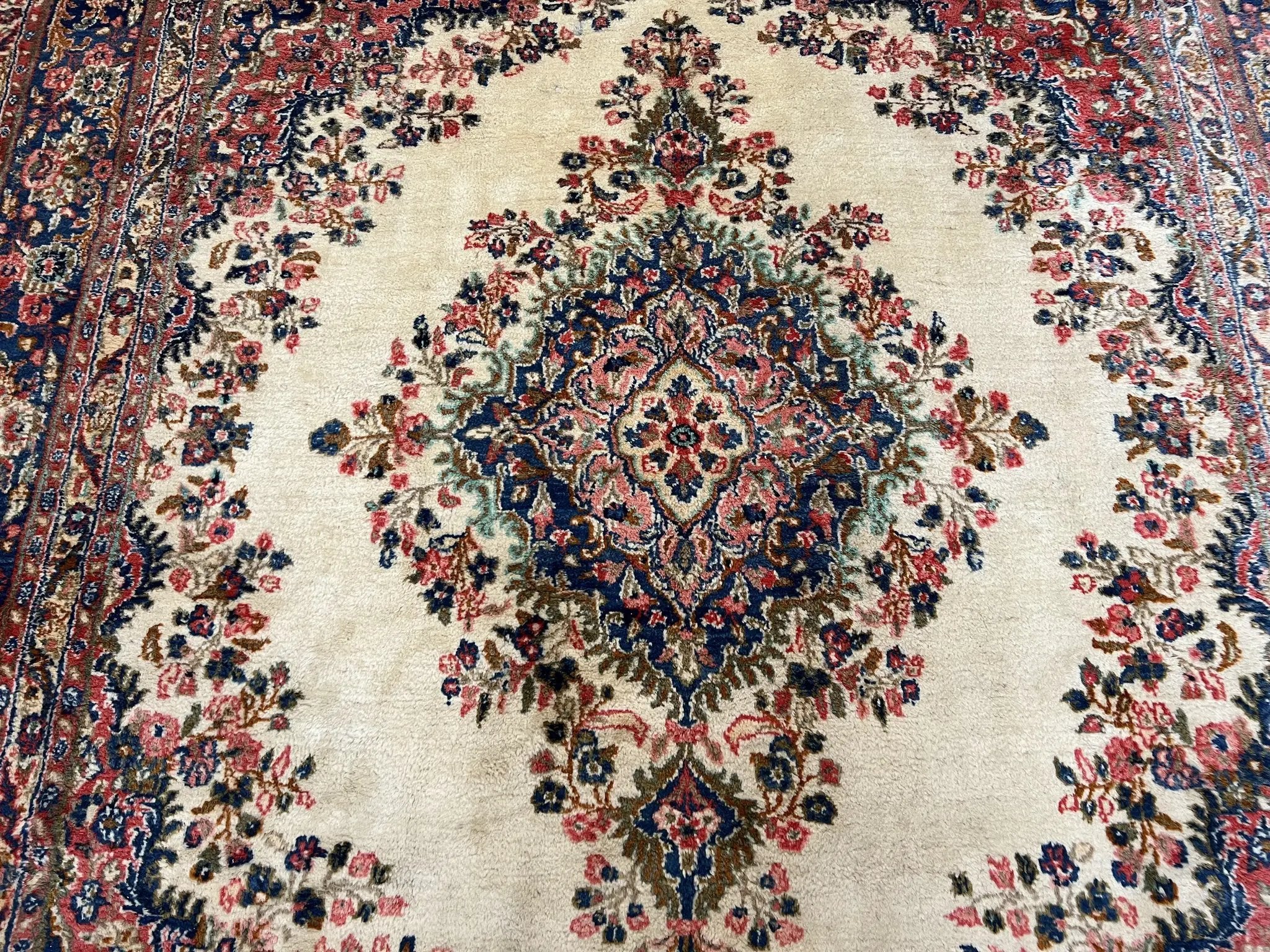 Persian Rug 9x10, Hamadan Rug, Antique Oriental Carpet, Wool Rug, Semi Open Field, Cream and Navy Blue, Kirman Design Hand Knotted Almost Square Rug by Jewel Rugs