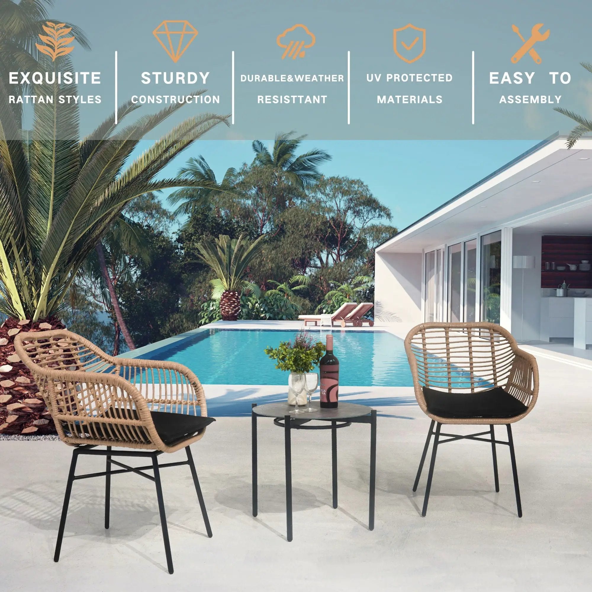 3 Pieces Of Luxury Outdoor Wicker Furniture, Patio Bistro Style Table And Chair Combination, Weather Resistant PE Wicker Weave, Suitable For Garden - Black / Natural by HouseOfZazla