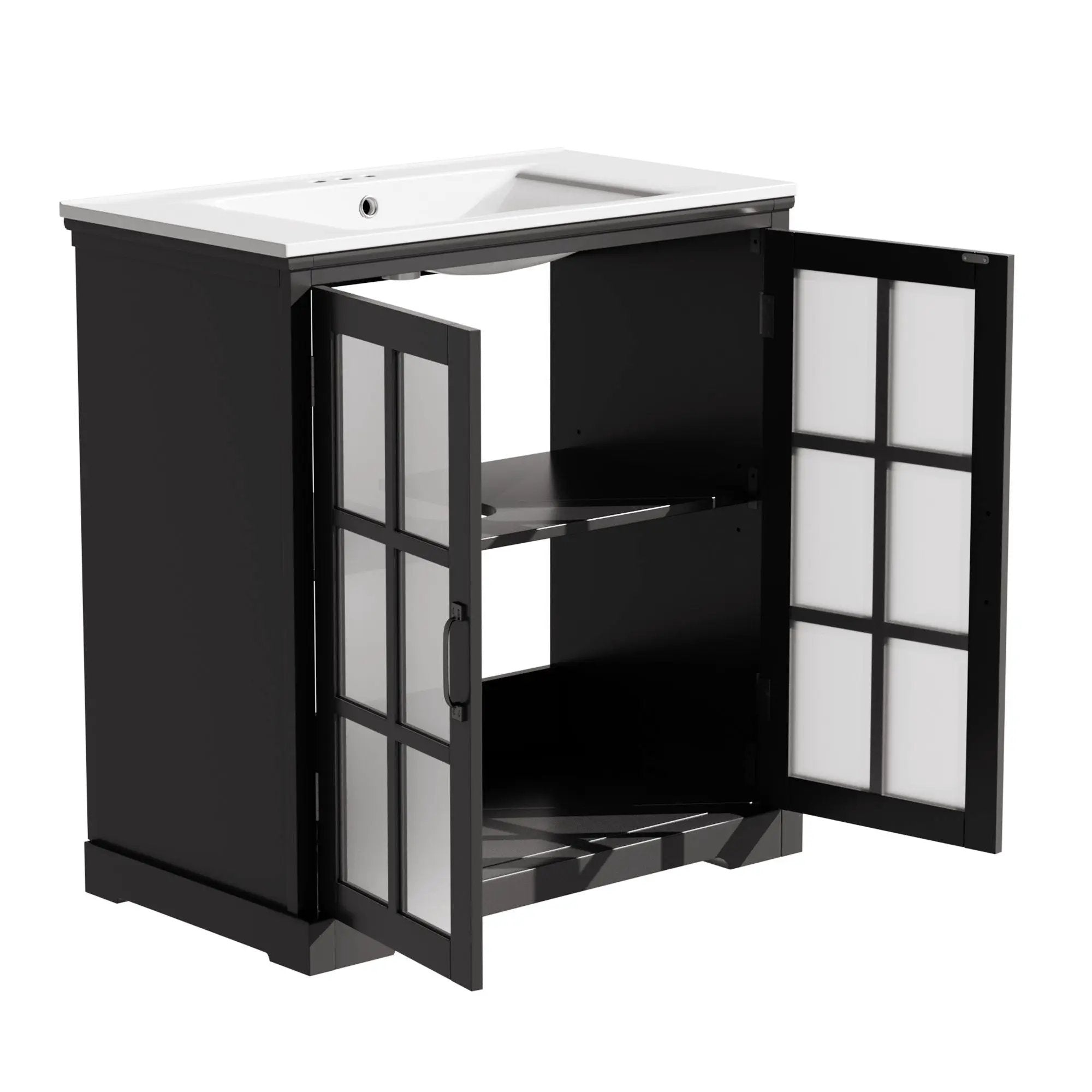 Modern Bathroom Vanity With Ceramic Sink, Tempered Blurred Glass Doors by HouseOfZazla