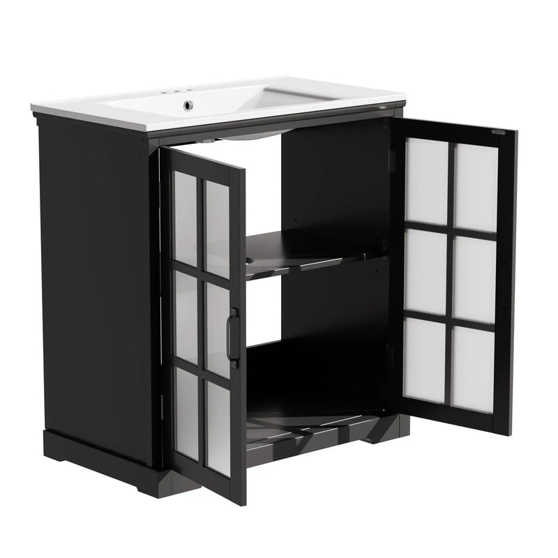 Modern Bathroom Vanity With Ceramic Sink, Tempered Blurred Glass Doors by HouseOfZazla