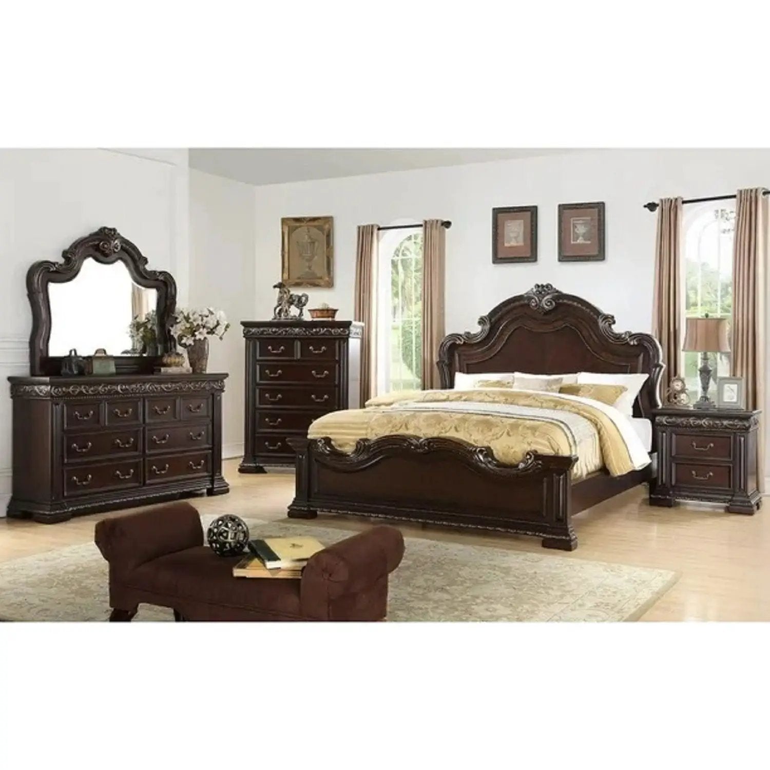 2 Drawer Nightstand, Carvings Bedside Table, Bedroom Furniture - Cherry by Unique Piece Furniture