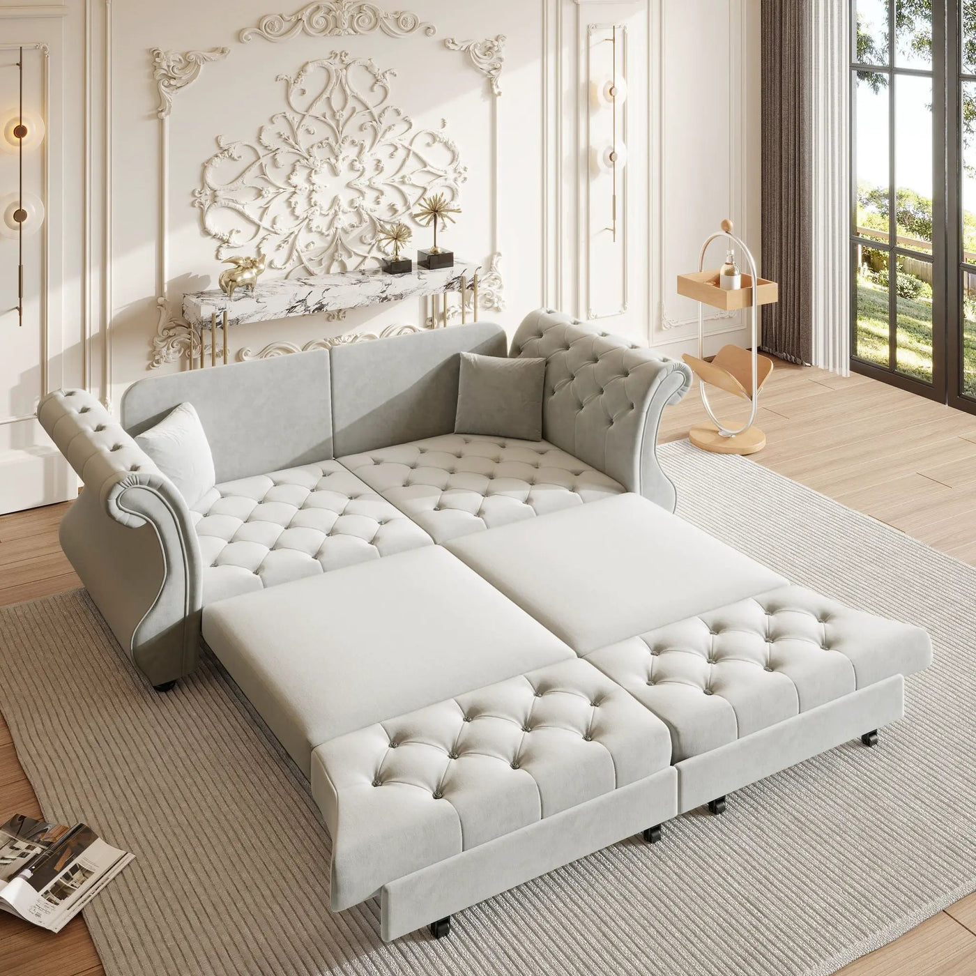 Oversized Chesterfield Pull Out Sofa Bed, Roll Arm Couch With Flower Tufting For Living Room by HouseOfZazla