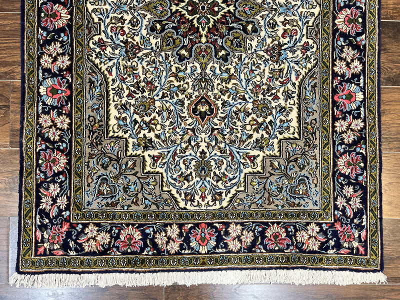 Persian Qum Rug 3x5, Wool with Silk Highlights, Handmade Semi Antique Carpet, Ivory & Navy Blue, Floral Medallion, Finely Hand Knotted by Jewel Rugs