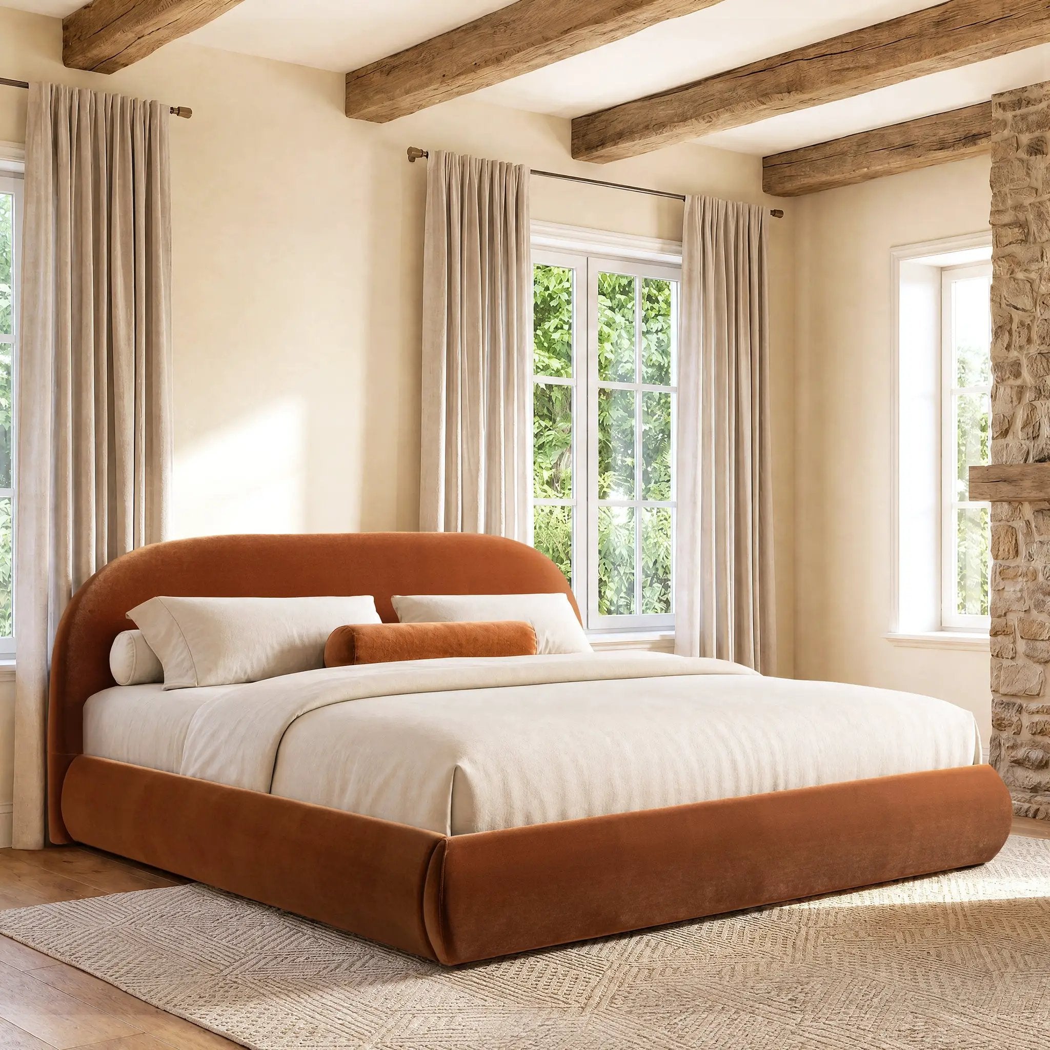 Archie Puffy Grounded Upholstered Platform Bed, King, Burnt by HouseOfZazla
