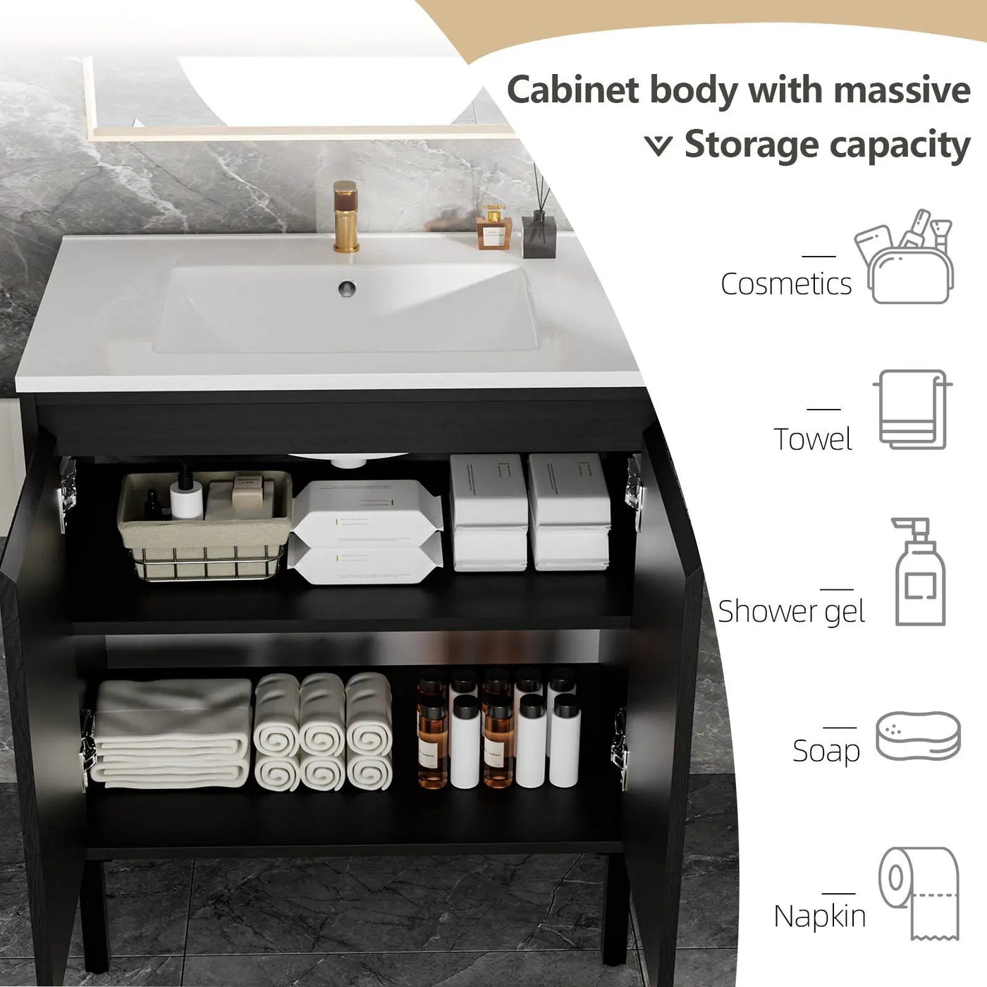 Bathroom Vanity With Ceramic Sink, Floor-Standing Design, Soft-Closing Drawers by HouseOfZazla