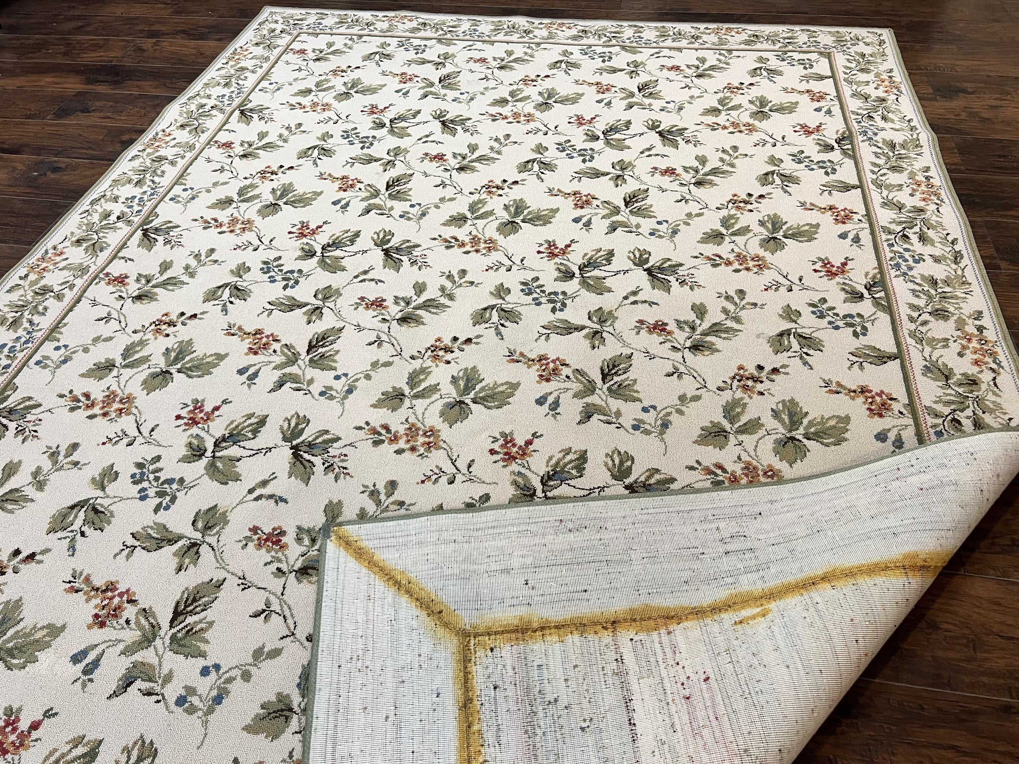 Vintage Stark Carpet 7x10, Ivory and Green, European Aubusson Design, Allover Pattern, Stark Rug by Jewel Rugs
