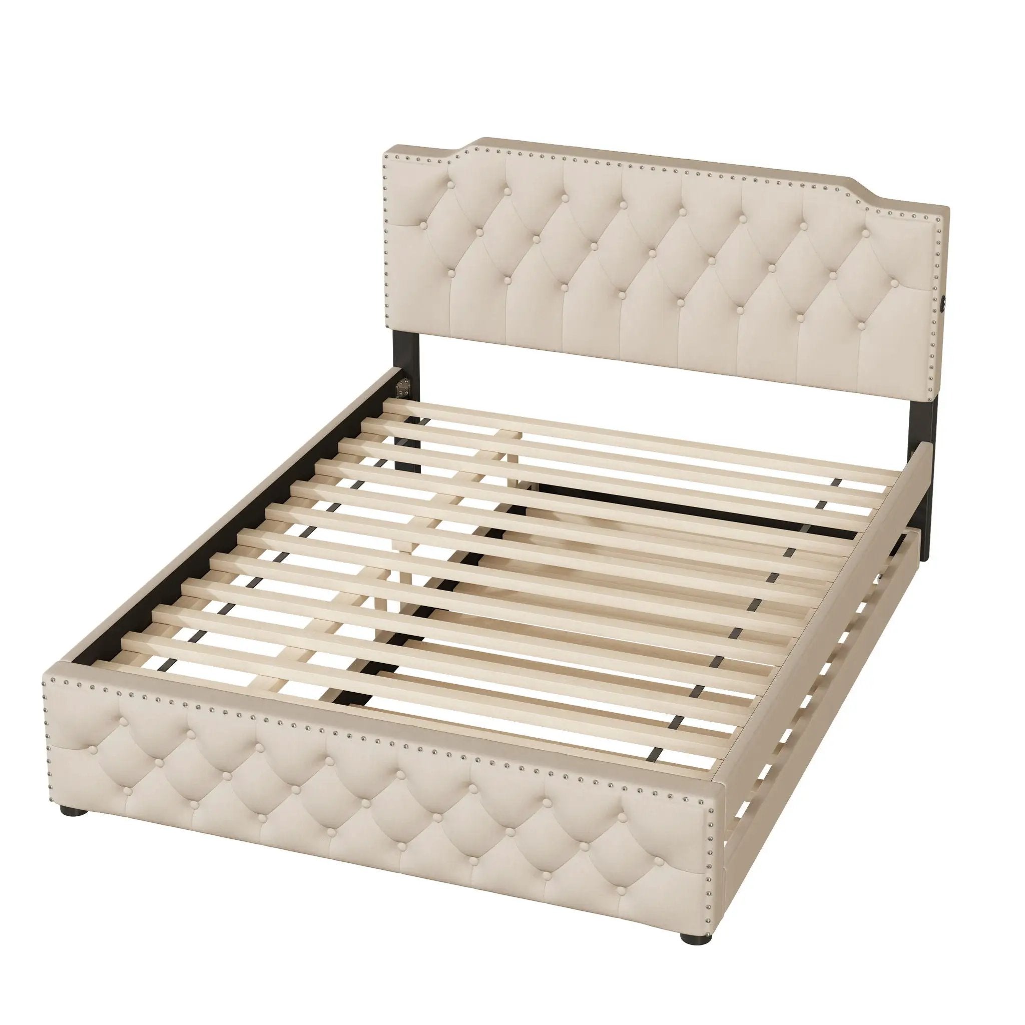 Upholstered Platform Bed With Trundle And 2 Sets Of USB Ports On Each Side, Fabric by HouseOfZazla