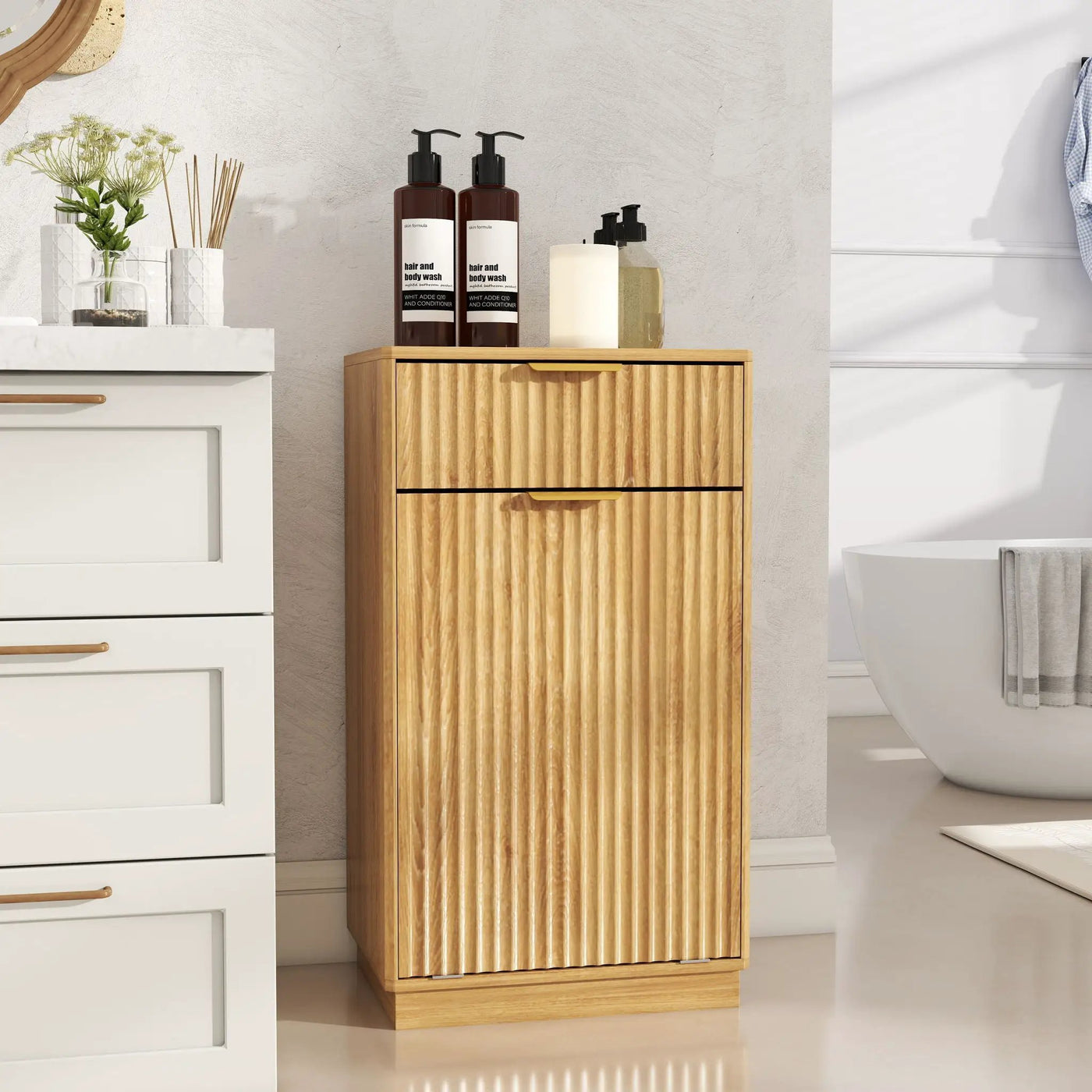 Tilt Out Trash Can Cabinet With Wave Textured Drawer & Pull Out Bin by Unique Piece Furniture