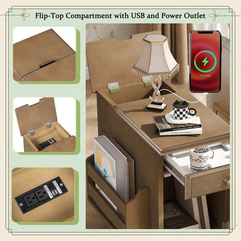 Vintage Flip Top Side Table With USB Ports by HouseOfZazla