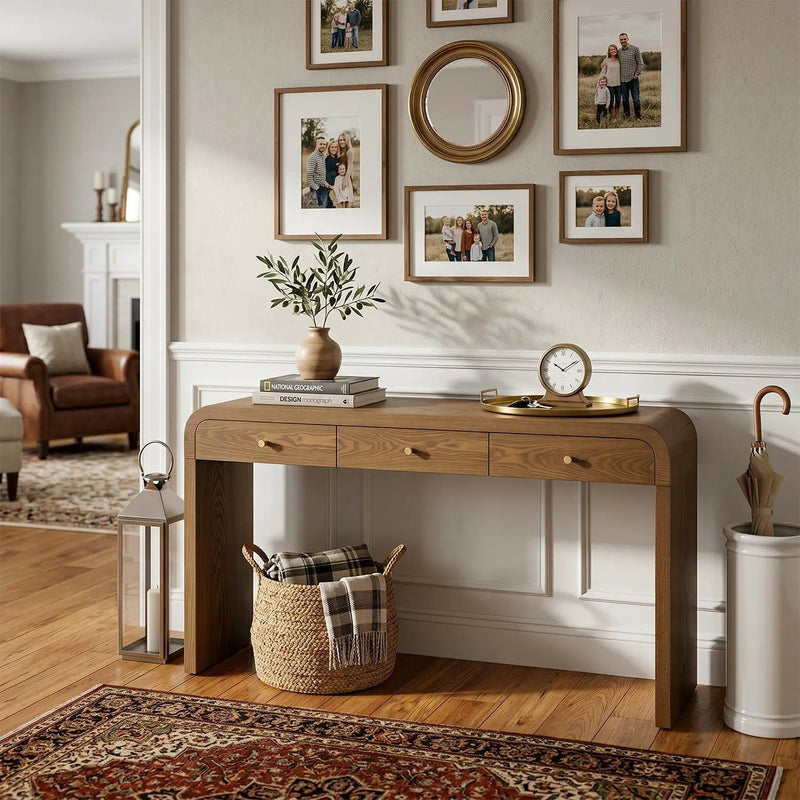 Walnut Curved Design 3-Drawer Long Console Table by HouseOfZazla