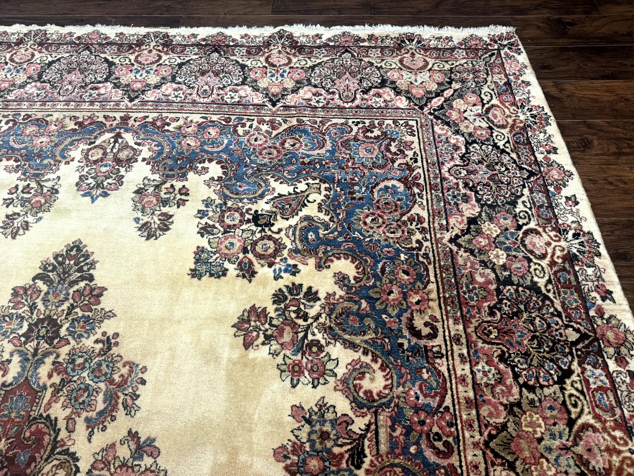 Persian Sarouk Rug 9x12, Ivory & Blue, Semi Open Field by Jewel Rugs