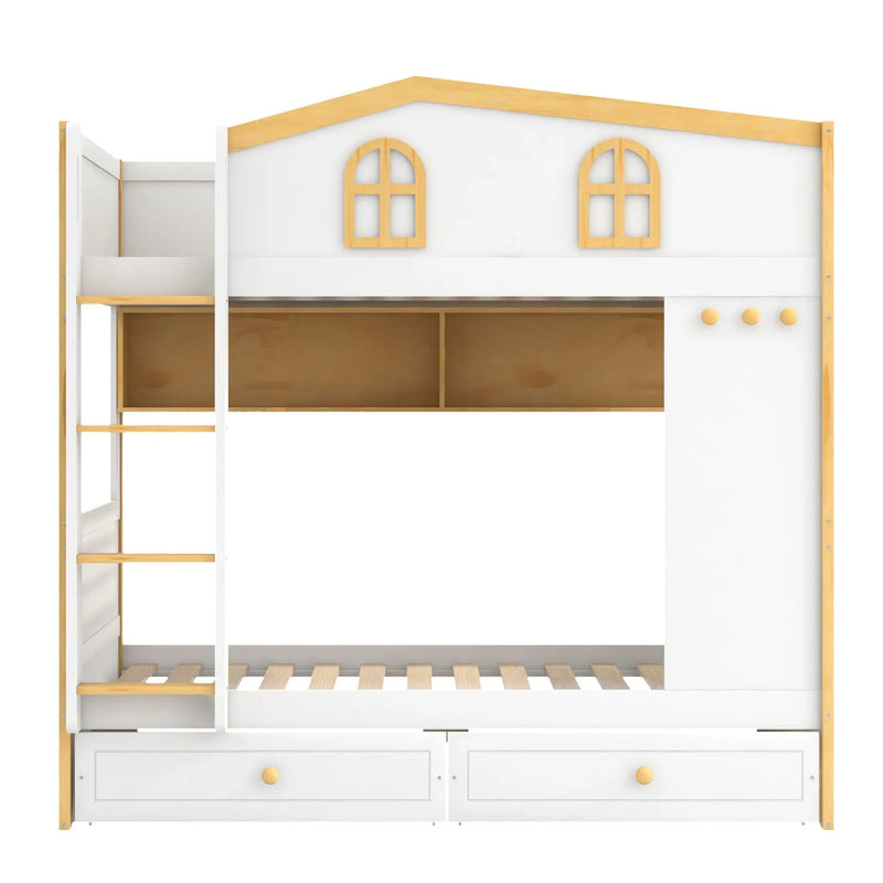 Twin Over Twin Bunk Bed With House Shaped Guardrails, Storage Shelves & Drawers - White / Natural by HouseOfZazla