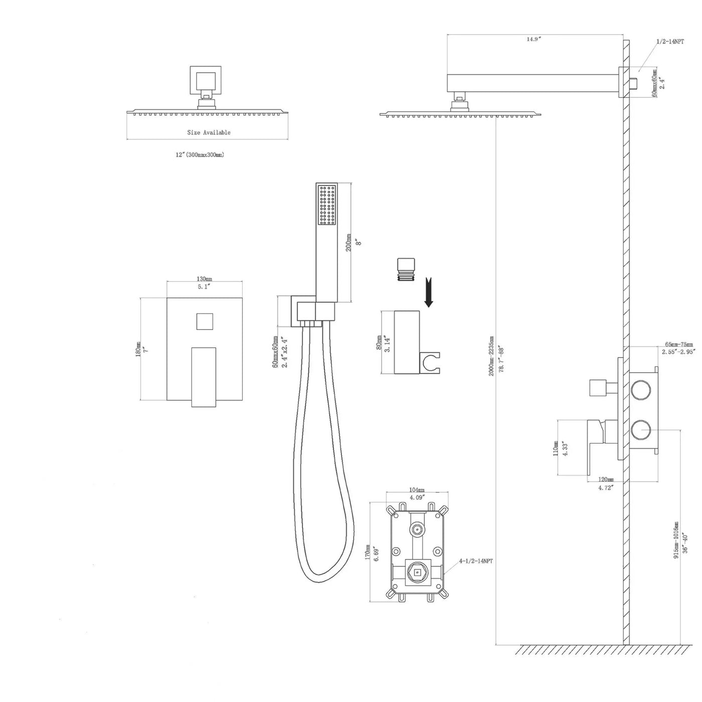 Dual Shower Head System With 12" Wall Mounted Square Rain Shower And Rough In Valve by HouseOfZazla