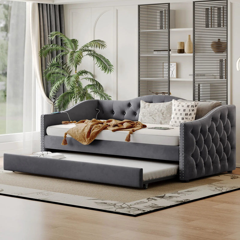 Twin Size Upholstered Daybed With Trundle And USB Charging Design For Bedroom - Gray by HouseOfZazla