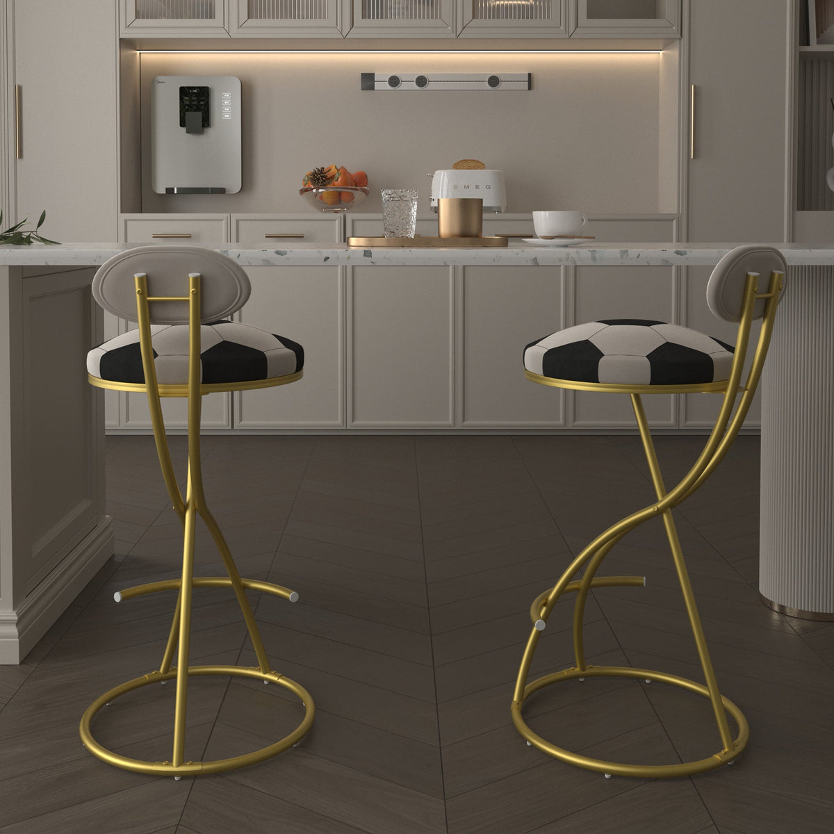 Football Print Bar Stools Set of 2 Upholstered Counter Height Barstool for Kitchen Island S-shaped Velvet Metal Dining Chairs
 (Gold Frame & Creamy, photo 8 of 10