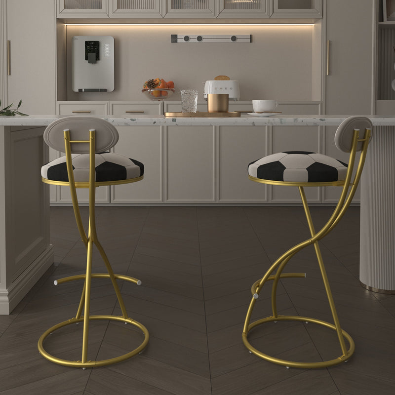 Football Print Bar Stools Set of 2 Upholstered Counter Height Barstool for Kitchen Island S-shaped Velvet Metal Dining Chairs
 (Gold Frame & Creamy, photo 8 of 10