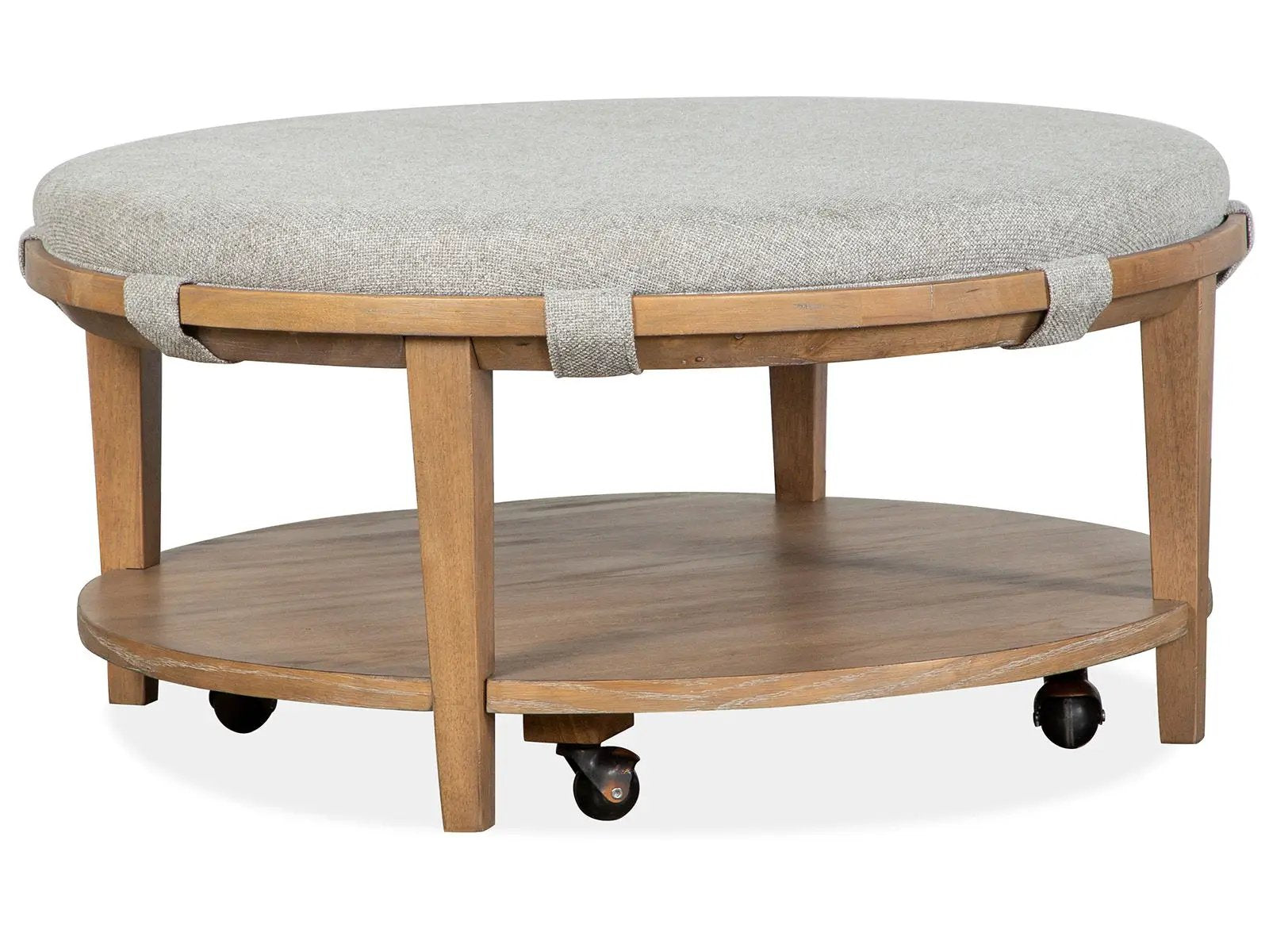 Lindon - Round Cocktail Table With Gray Upholstered Top & Casters - Belgian Wheat by Unique Piece Furniture