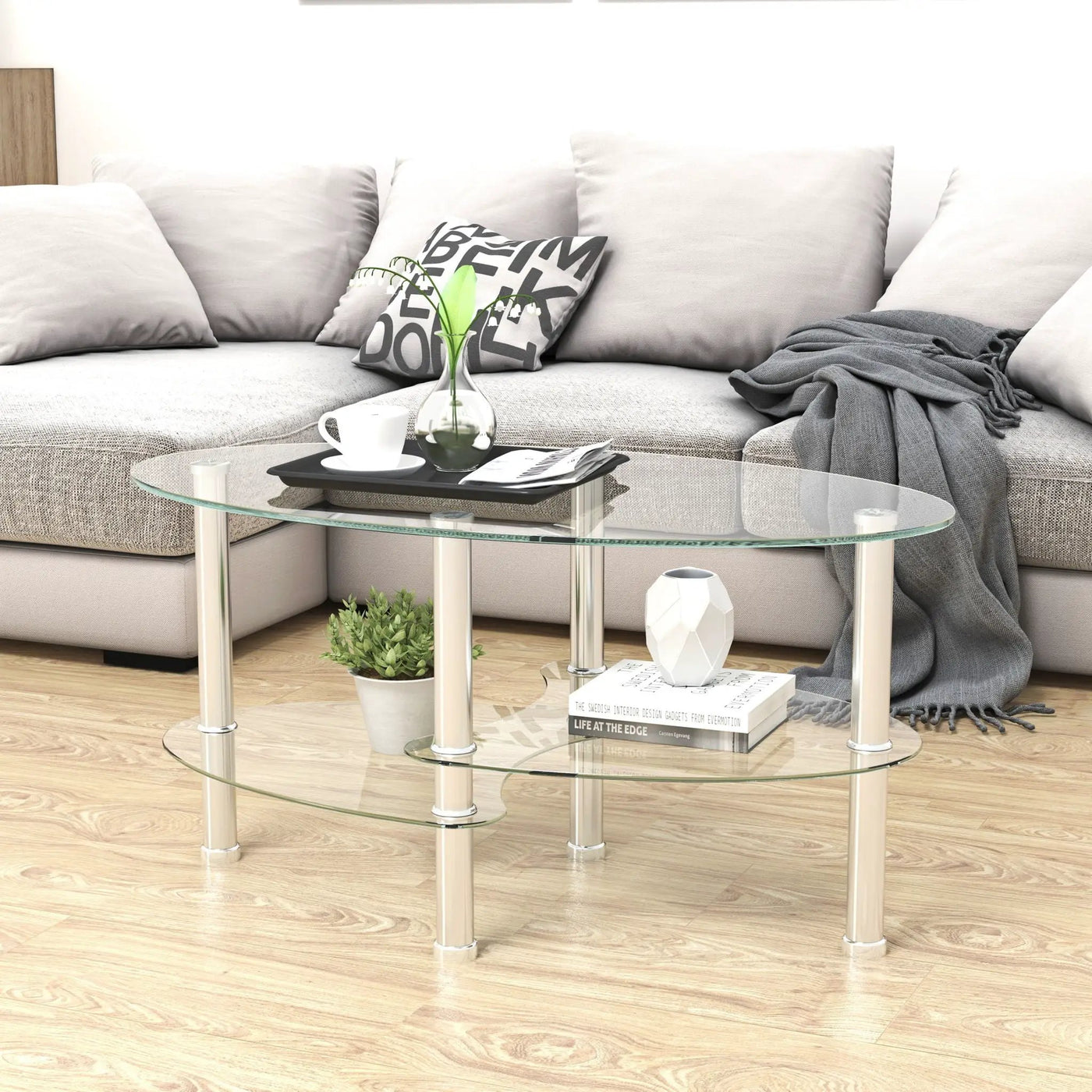 Transparent Oval Glass Coffee Table, Modern Table In Living Room Oak Wood Leg Tea Table 3-Layer Glass Table by HouseOfZazla