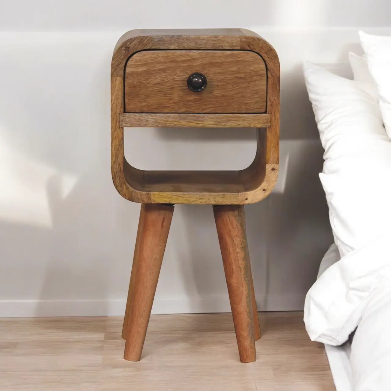 Solid Wood Extra Mini Oak-ish Curve Lower Bedside Table by HouseOfZazla