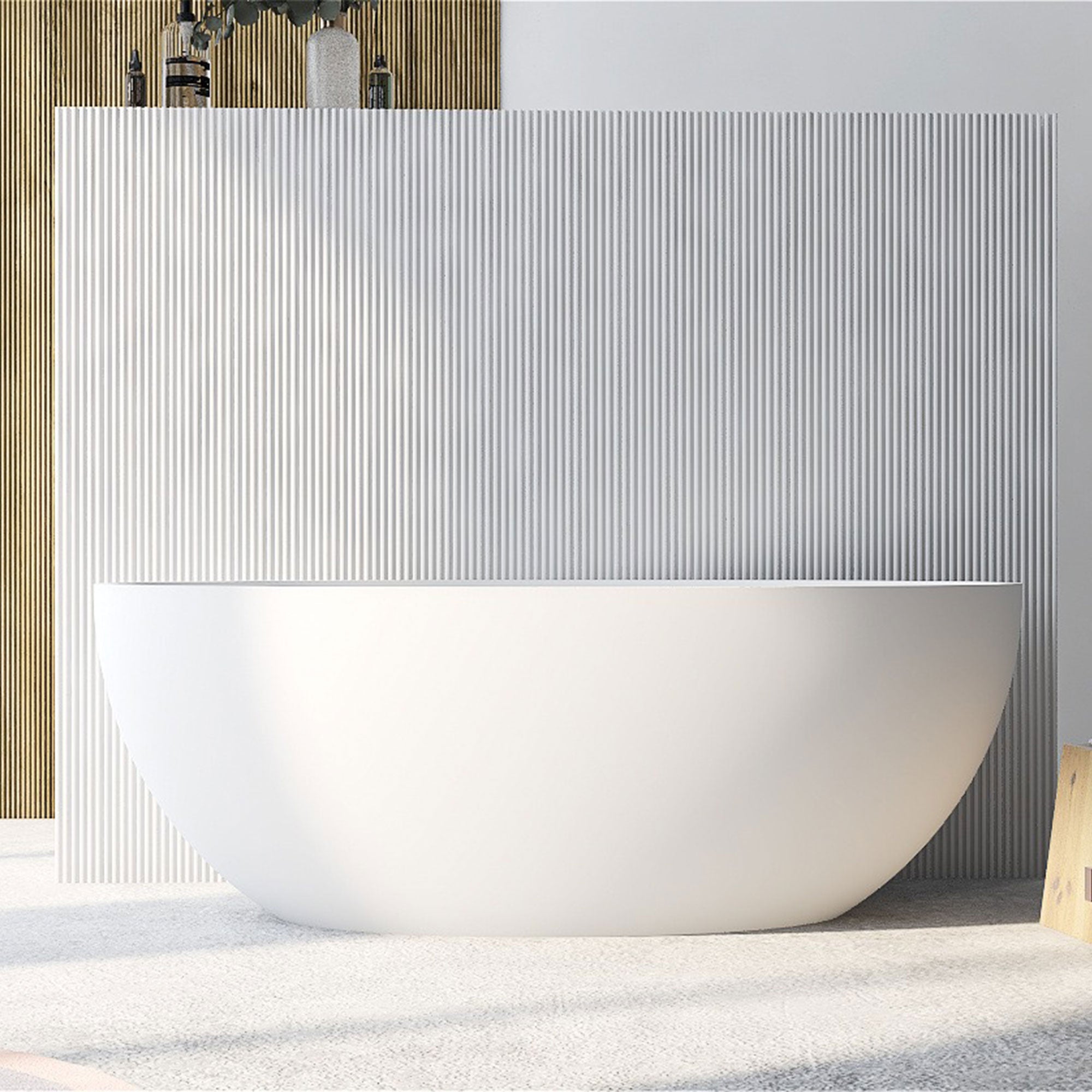 67 in. x 31 in. Oval Freestanding Solid Surface Soaking Bathtub with Center Drain in Matte by HouseOfZazla